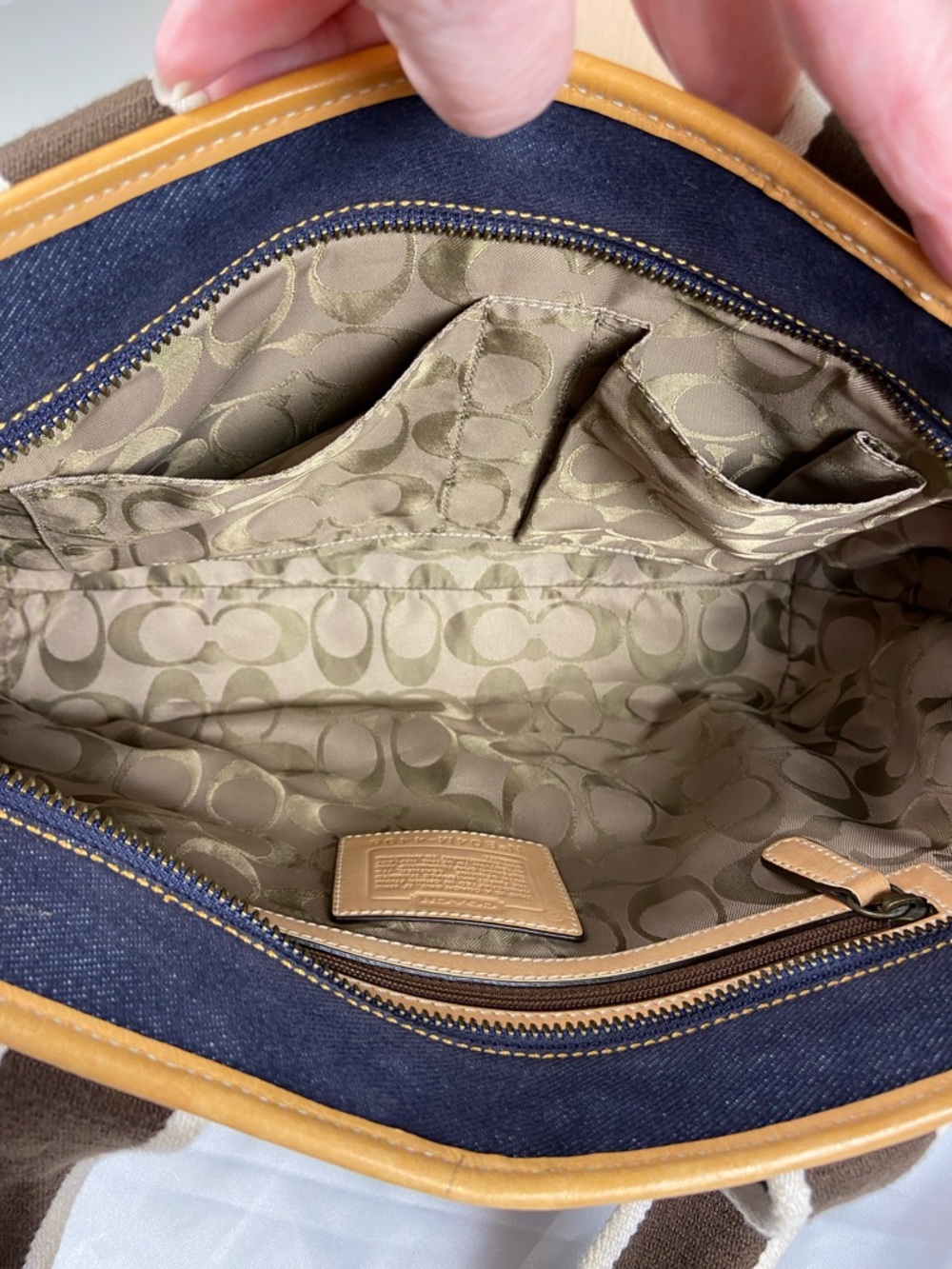Coach Denim Tote Bag Pink Leather Trim Stripe Canvas Small Carryall Zip Top Y2K - Picture 11 of 15
